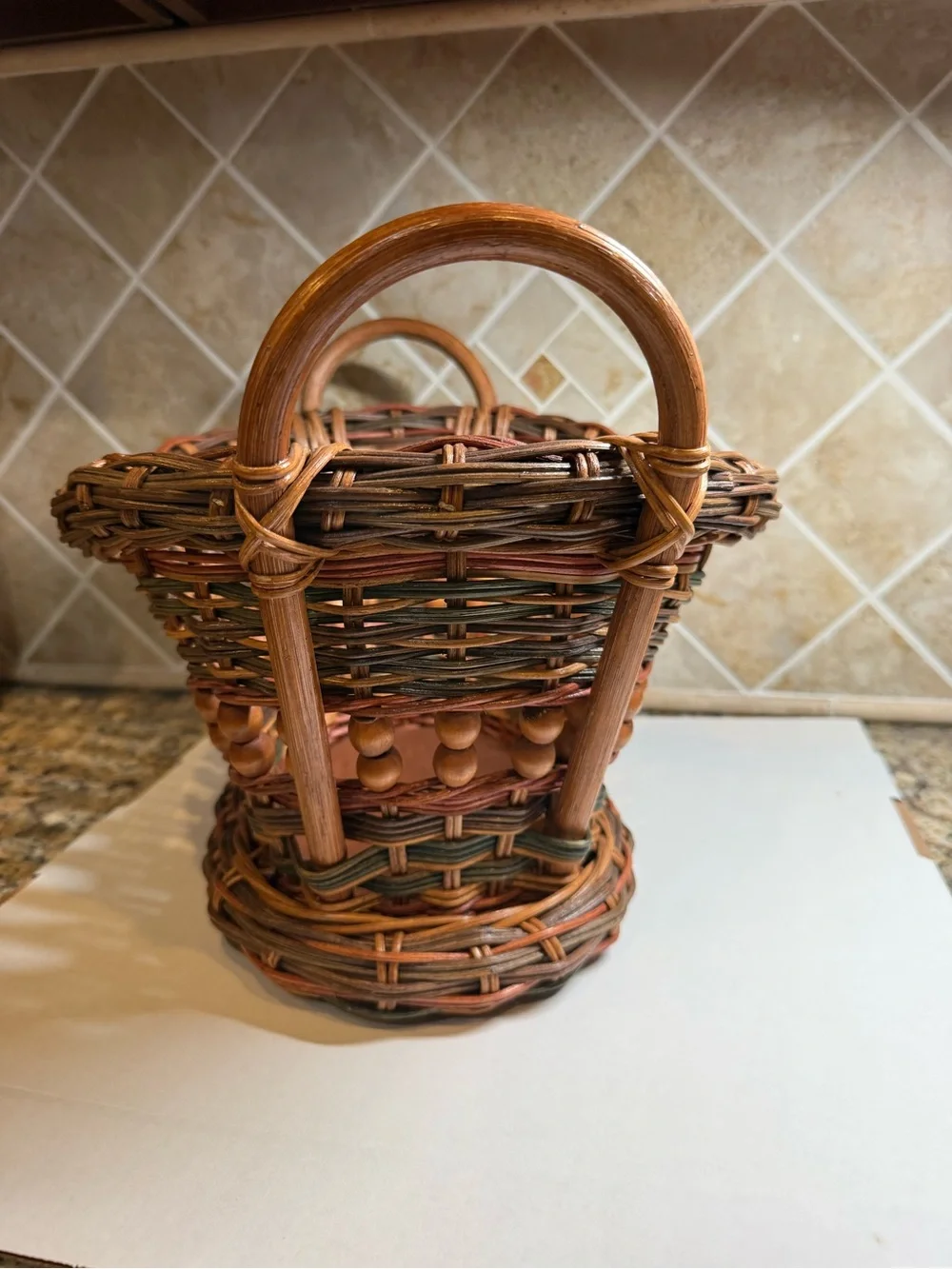 Vintage Woven Wicker Rattan Basket Wood Bead Double Handles Farmhouse Decor